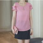 Set: Short-sleeve Cold Shoulder Top + Striped A-line Skirt
