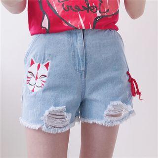 Cat Embroidered Fray-hem Denim Shorts