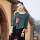 3/4-sleeve Floral Embroidered Blouse Green - One Size