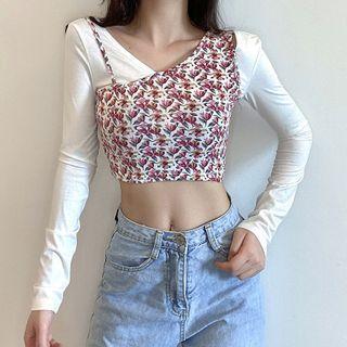 Long-sleeve Mock Two-piece Floral Print Crop Top