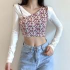 Long-sleeve Mock Two-piece Floral Print Crop Top