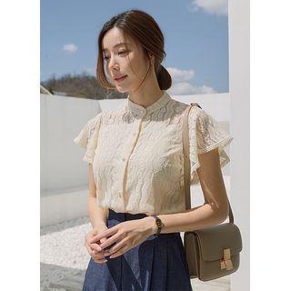 Flutter-sleeve Mandarin-collar Lace Blouse