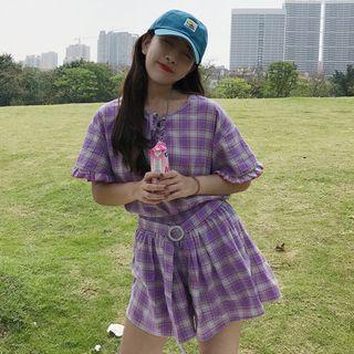 Plaid Elbow Sleeve Top / Plaid Shorts