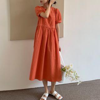 Puff Sleeve Lace Panel Midi A-line Dress Tangerine - One Size