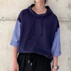 Elbow-sleeve Striped Panel Hooded T-shirt
