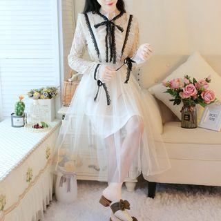 Long-sleeve Lace Paneled Ruffled Mesh A-line Midi Dress