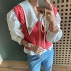 Cable Knit Vest / Puff-sleeve Sailor Collar Blouse