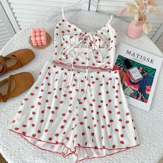Set: Strawberry-print Ribbon Camisole Top + Shorts White - One Size