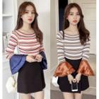 Flared-cuff Striped Long-sleeve Knit Top