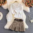 Set: Knit Camisole Top +pleated Skirt + Perforated Shrug