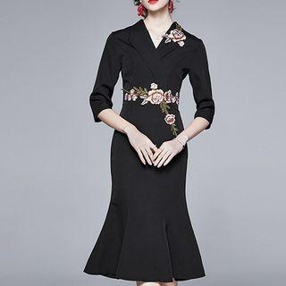 Flower Embroidered Elbow-sleeve Midi Collared Sheath Dress