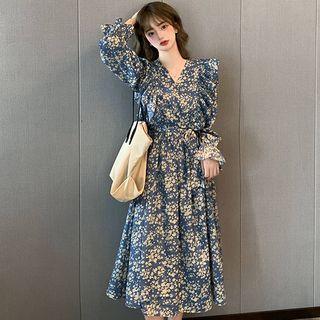 Long-sleeve Floral Print Frill Trim A-line Midi Dress Blue - One Size