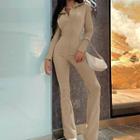 V-neck Long-sleeve Boot-cut Jumpsuit