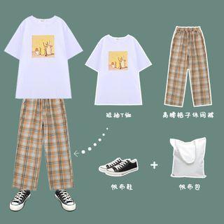 Round Collar Printed Short-sleeved Top / Wide Leg Plaid Pants