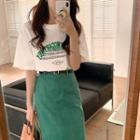 Short-sleeve Letter Print T-shirt / High-waist Split Denim Skirt