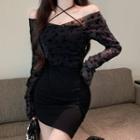 Set: Halter Mini Sheath Dress + Long-sleeve Off-shoulder Mesh Top