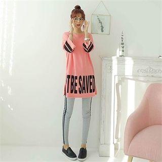 Set: 3/4-sleeve Lettering T-shirt + Contrast-trim Leggings