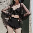 Set: Dotted Mesh Panel Long-sleeve Tankini Top + Ruffle Trim Bikini Bottom