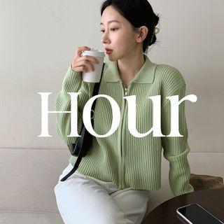 Collared Rib-knit Zip-up Cardigan Apple Mint Green - One Size