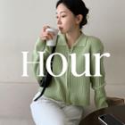 Collared Rib-knit Zip-up Cardigan Apple Mint Green - One Size
