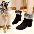 Pointed Chunky Heel Furry Trim Ankle Boots