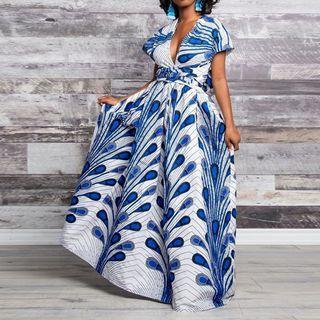 Off-shoulder Feather Print Maxi A-line Dress