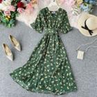 V-neck Short-sleeve Slim-cut Chiffon Dress