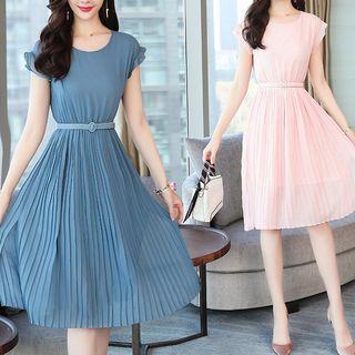 Short-sleeve Midi A-line Pleated Chiffon Dress