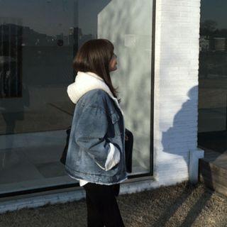 Hooded Fleece-lined Denim Jacket White - One Size