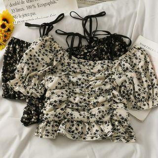 Off-shoulder Ruched Floral Crop Top