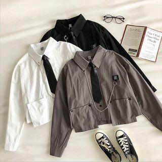 Plain Single-breasted Long-sleeve Cargo Blouse