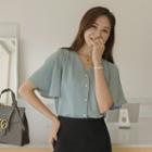Flutter-sleeve Faux-pearl Button Blouse