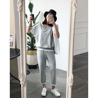 Set: V-neck Dolman-sleeve Top + Tapered Sweat Pants