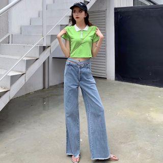 Short-sleeve Crop Polo Shirt / Wide Leg Jeans