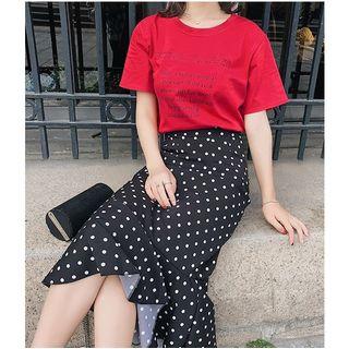 Set: Lettering Short Sleeve T-shirt + Dotted Midi Skirt