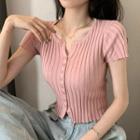 Short-sleeve Button-up Ribbed Knit Crop Top