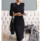Long-sleeve Knit Paneled Sheath Dress Black - One Size
