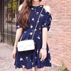 Short-sleeve Cutout-shoulder Printed Dress