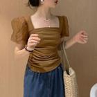 Short-sleeve Square Neck Blouse Light Coffee - One Size