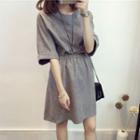 Elbow Sleeve Elastic Waist Plain Dress