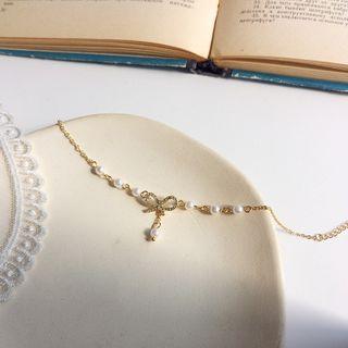 Faux Pearl Rhinestone Bow Bracelet 1 Pc - Bracelet - White Faux Pearl - Gold - One Size