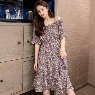 Short-sleeve Off-shoulder Floral Print A-line Midi Dress