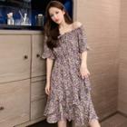 Short-sleeve Off-shoulder Floral Print A-line Midi Dress
