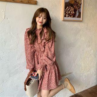 Long-sleeve Floral Print Ruffle Trim Mini Dress
