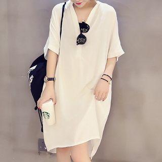 Elbow-sleeve V-neck Smock Dress