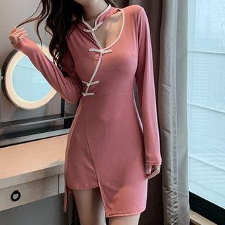 Long-sleeve Mandarin Collar Asymmetrical Dress