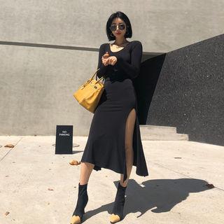Exclusive Deep-slit Bodycon Dress Black - One Size