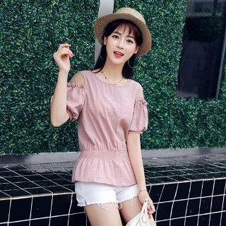 Short-sleeve Tulle Panel Gather Waist Top