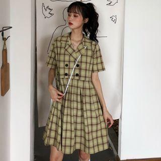 Short-sleeve Double-breasted Plaid Mini A-line Dress Green - One Size