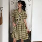Short-sleeve Double-breasted Plaid Mini A-line Dress Green - One Size
